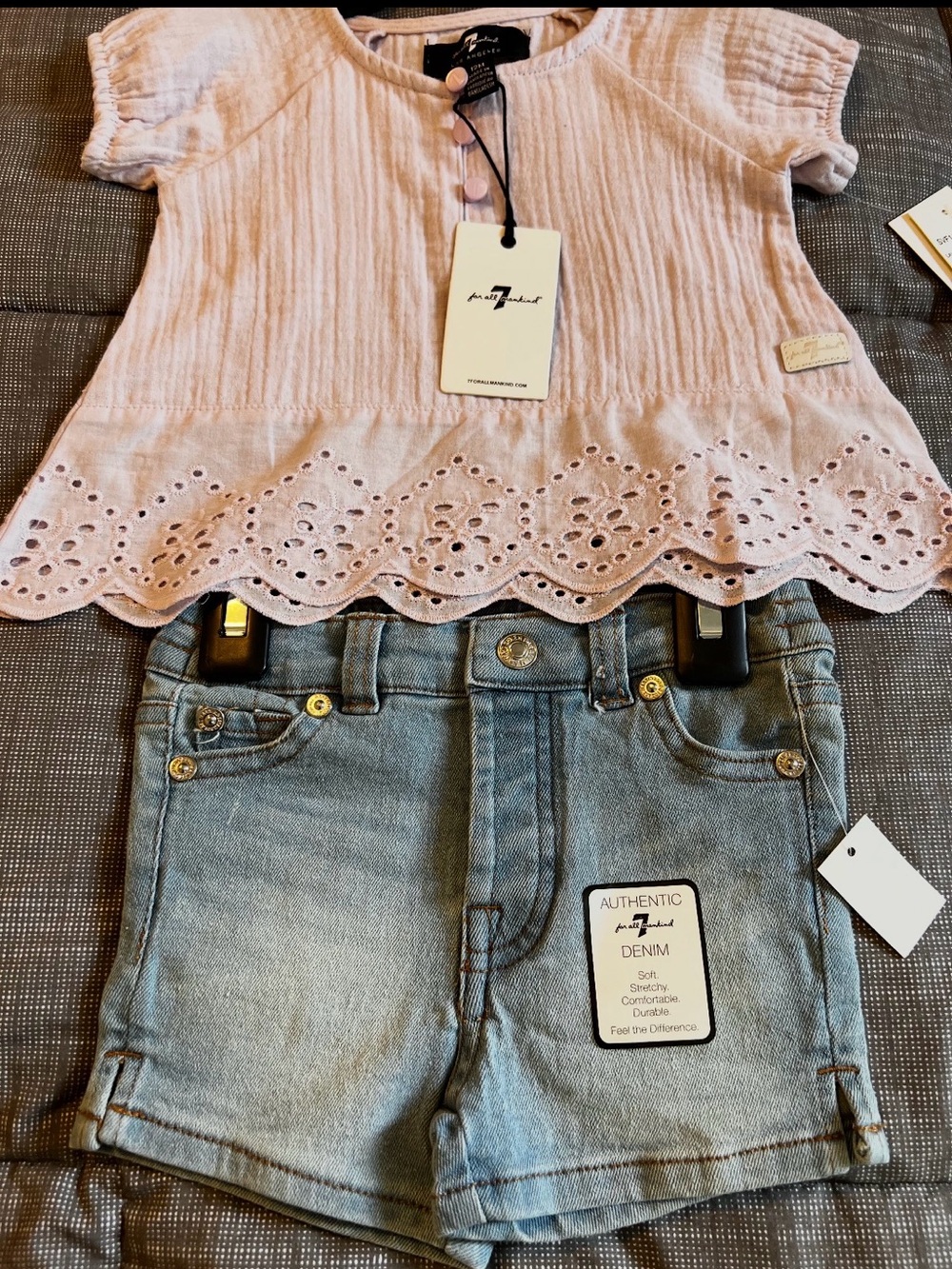 7 For All Mankind Pink Eyelet Peplum Top with Denim Shorts 12 months